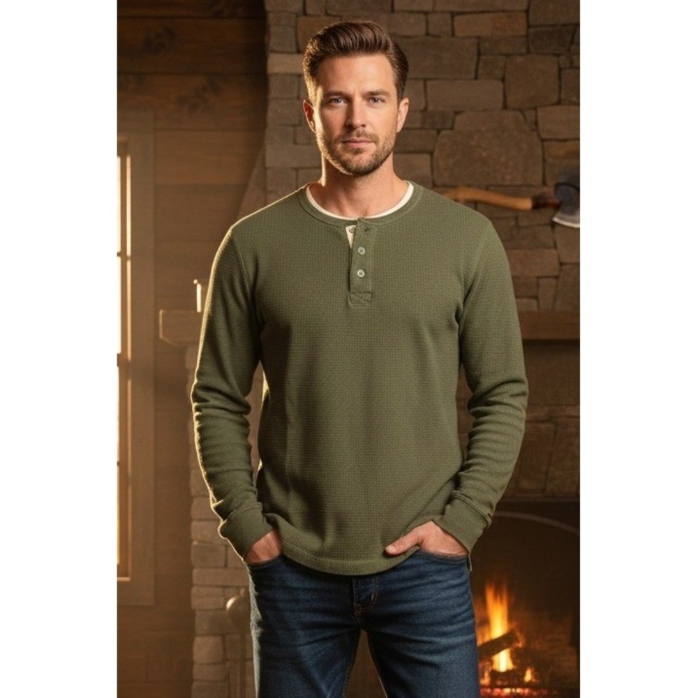 Outdoor Life Field Thermal Henley Shirt Men's XL Green Long Sleeve Button Up